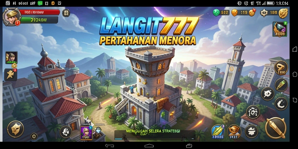 Tampilan menara dan musuh di LANGIT777 saat gameplay Tower Defense.