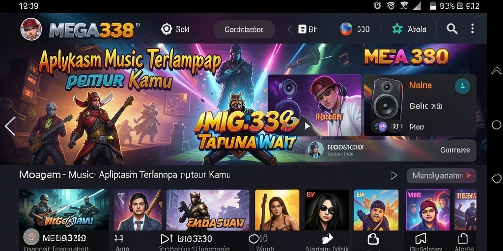 Screenshot MEGA338 menampilkan antarmuka pengguna yang menarik dengan koleksi musik beragam.