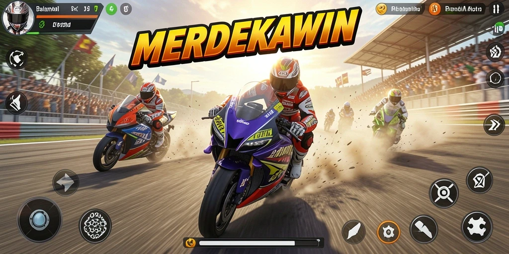 Tampilan gameplay <strong>MERDEKAWIN</strong> yang seru saat balapan motor.
