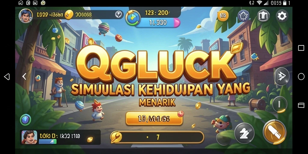 Tampilan gameplay <strong>QGLUCK</strong> yang menampilkan interaksi dalam simulasi kehidupan.