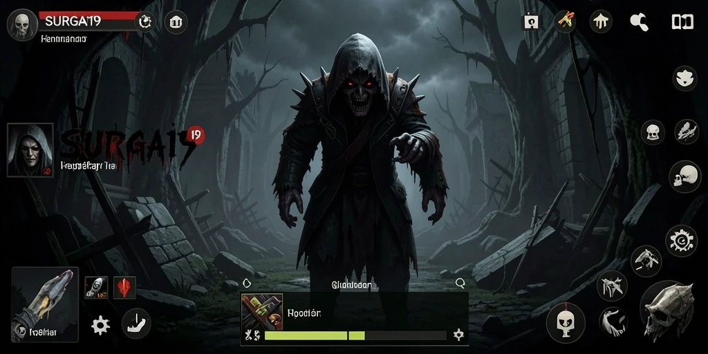 Tampilan menegangkan dari gameplay SURGA19 yang penuh kegelapan.